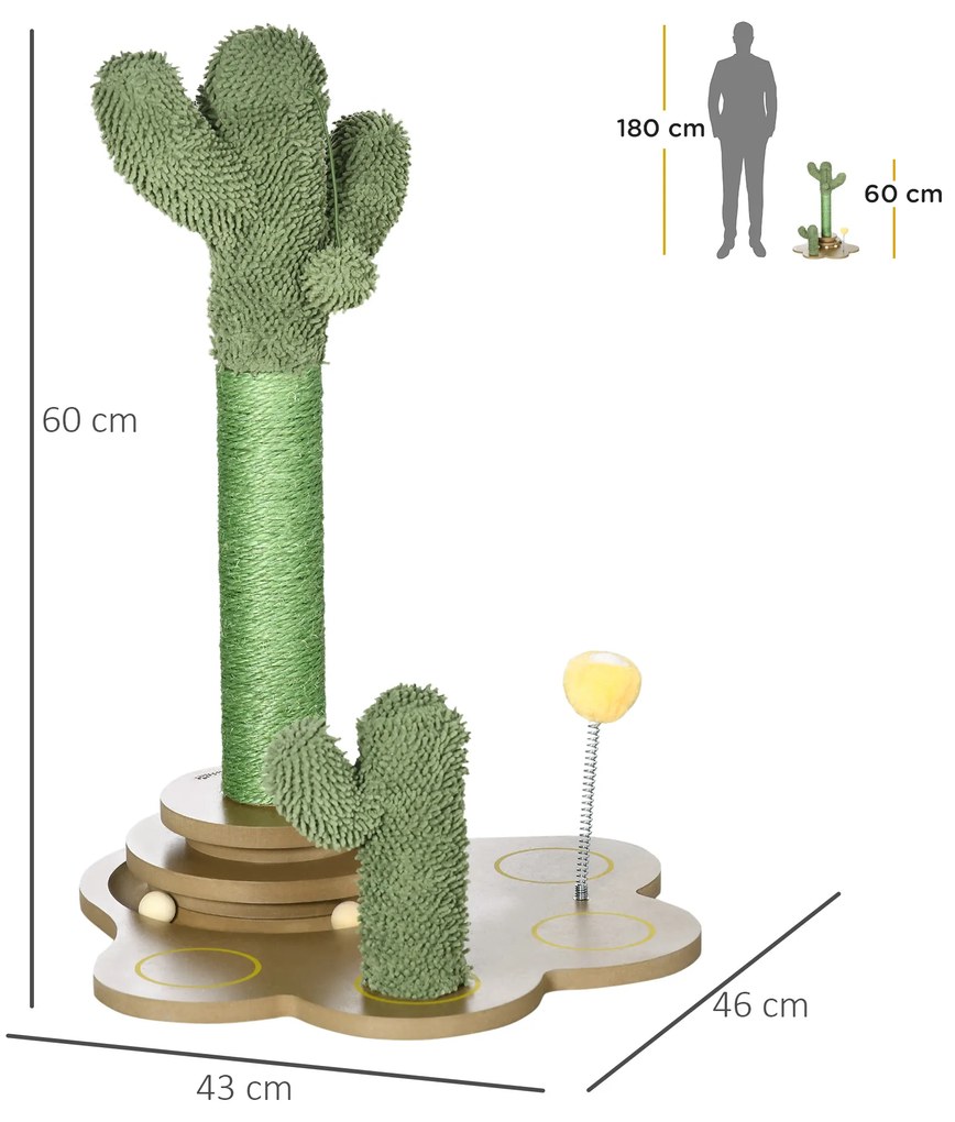 Árvore Arranhador para Gatos Pequenos com Postes de Cacto Altura 60cm Torre para Gatos de Chenille com Brinquedos 46x43x60cm Verde