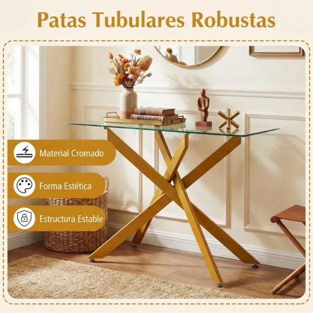 Mesa Consola 115 x 45 x 78 cm com Tampo Temperado e Pernas de Metal para Sala, hall Entrada Dourada