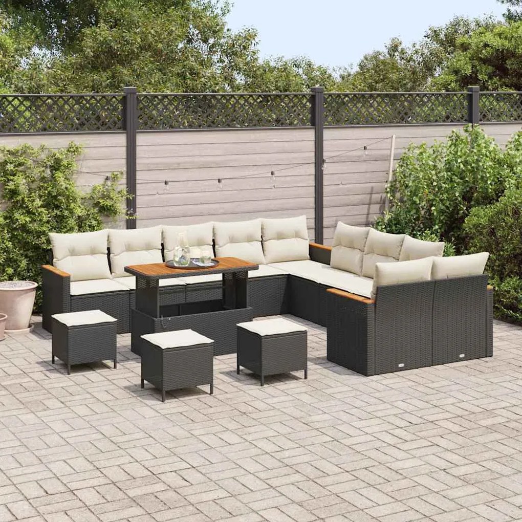 Conjunto de Sofá de Jardim vidaXL com 14 Peças e Almofadas Preto Polyr