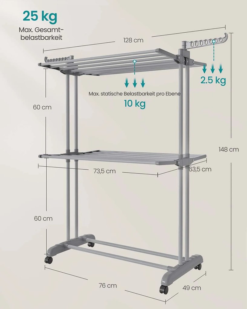 Estendal roupa com 4 níveis 63,5 x 128 x 173 cm cinzento