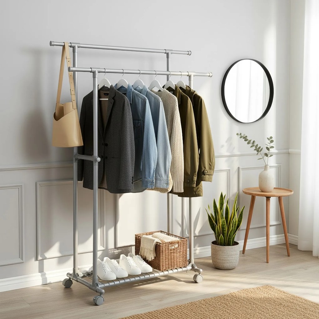 Guarda roupa aberto com rodas, extensível, (87-150) x 52 x 166 cm Cinza