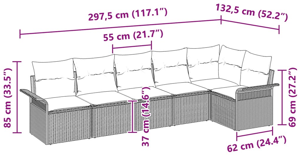 Conjunto de Sofá de Jardim de 6 Peças com Almofadas Cinza Claro Polira