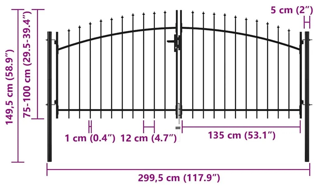 Portão de cerca com porta dupla e topo em lanças 300x150 cm