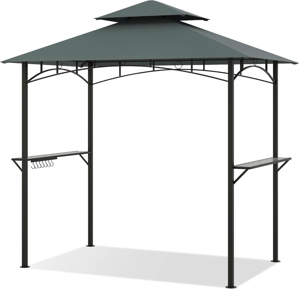 Tenda jardim para churrasqueira (NÃO INCLUIDA) de dois andares com 2 prateleiras e 7 ganchos, estrutura metálica e toldo flexível para jardim ou terra