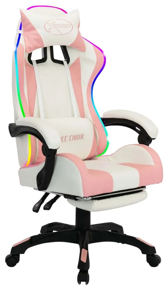 Cadeira estilo corrida c/ luzes LED RGB couro arti. rosa/branco