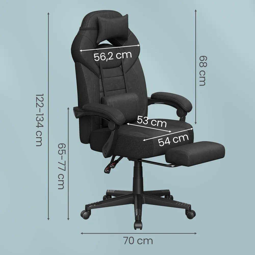 Cadeira de escritório ergonómica com apoio para os pés 70 x 70 x (122-134) cm, cadeira para jogos para o escritório em casa, almofada lombar Preto