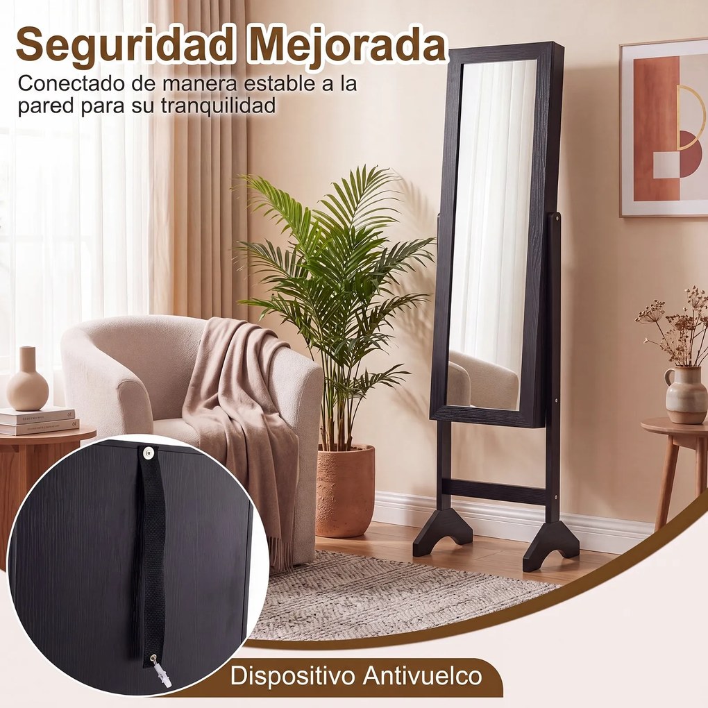 Armário Organizador de Joias de Pé, 35 x 34 x 154 cm, Espelho de Corpo Inteiro, Preto
