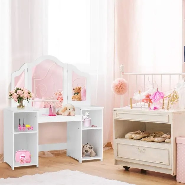 Toucador de brincar 2 em 1 desmontável com mesa de maquilhagem e secretária 4 prateleiras grandes e espelho de 3 painéis para meninas Branco