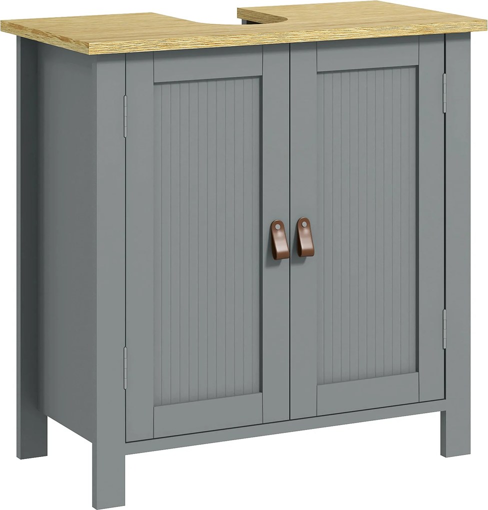 Móvel de lavatório (NÃO INCLUIDO) com 2 portas 60 x 30 x 60 cm, prateleira ajustável com 2 níveis no interior, puxadores em PU, cinzento