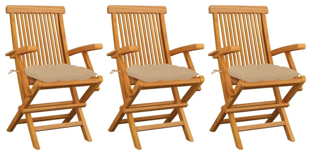 vidaXL Cadeiras de jardim c/ almofadões beges 3 pcs teca maciça