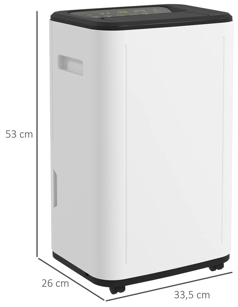 HOMCOM Desumidificador Elétrico Depósito de Água 6 Litros 20L/Dia com 4 Modos 2 Velocidades Ecrã LED Temporizador Silencioso para Dormitório Sala de Estar Cozinha 33,5x26x53 cm Branco