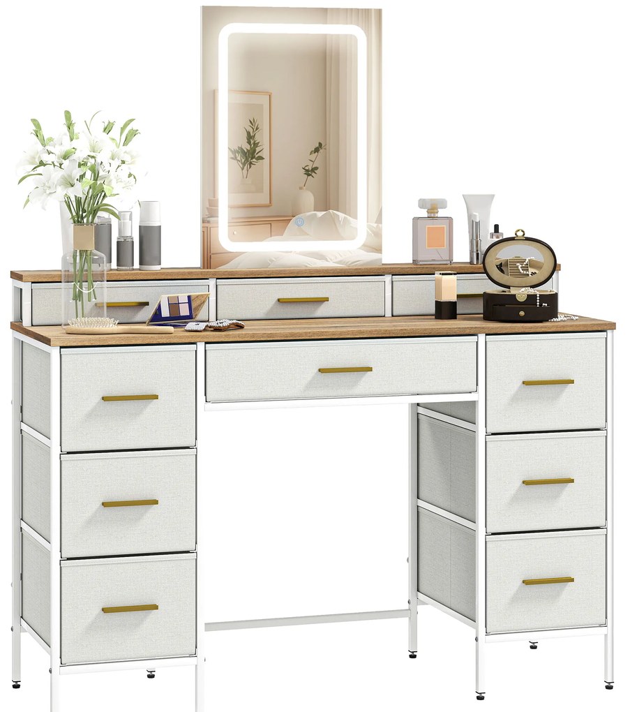 Toucador com Luzes LED de 3 Cores Espelho 10 Gavetas de TECIDO e Pés em Aço 118,5x39,5x140 cm Madeira