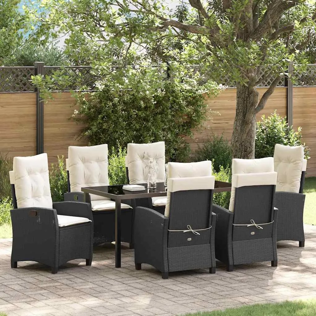 vidaXL Conjunto de Jantar de Jardim com 7 Peças e Almofadas - Rattan Sintético Preto.