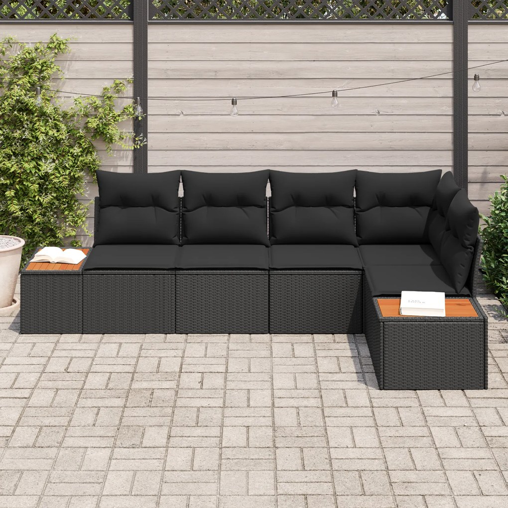 Conjunto de Sofá de Jardim de 5 Peças com Almofadas Pretas de Rattan P