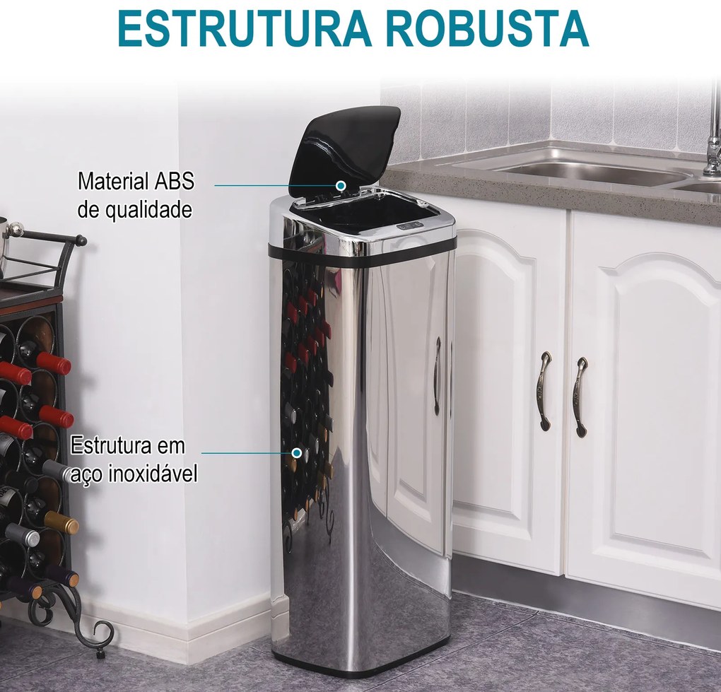 HOMCOM Balde de Lixo Inteligente de Aço Inoxidável 50L com Sensor Infravermelho de Abertura Automática para Cozinha Dormitório Casa de Banho 33x25x84 cm Prata e Preto