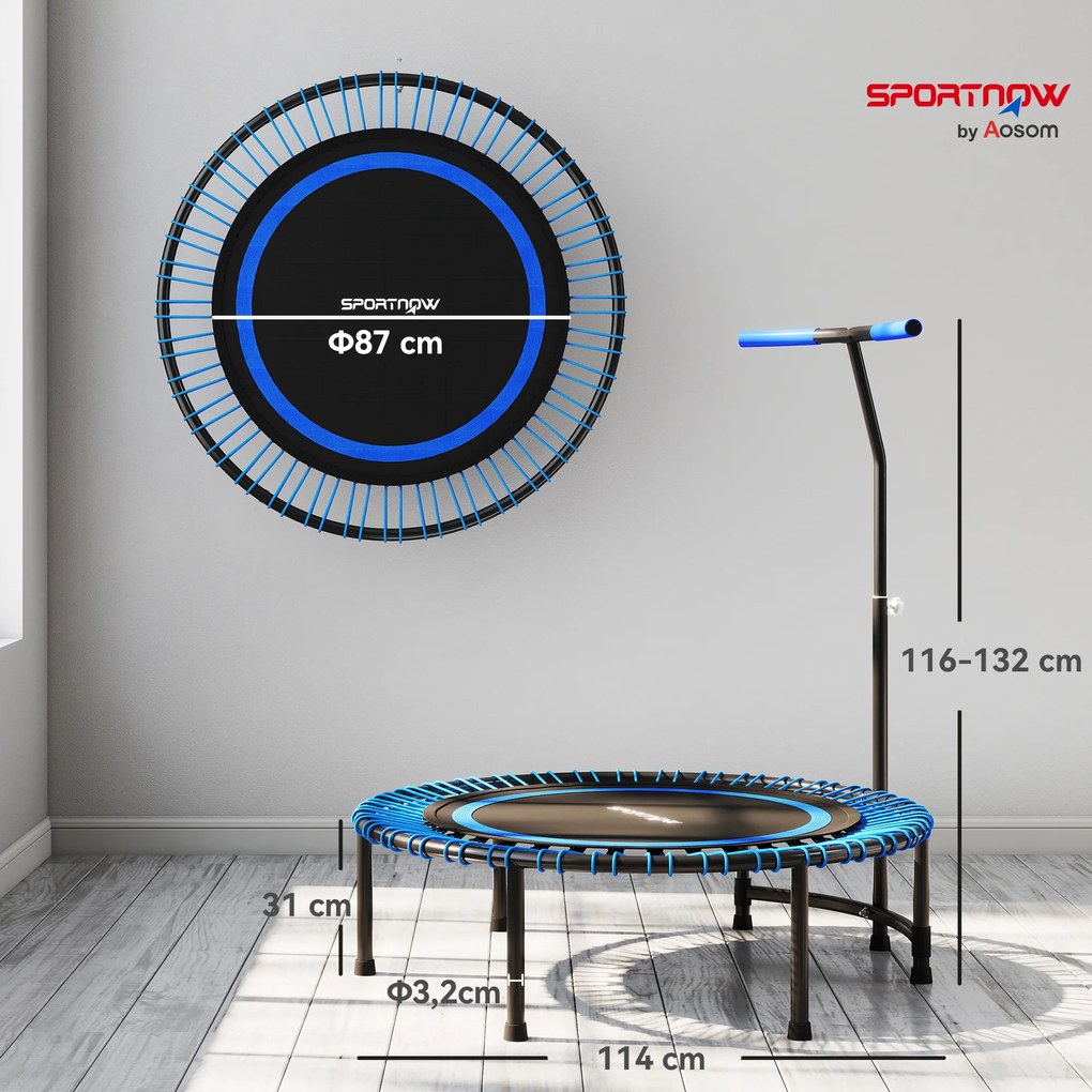 Trampolim de fitness de 114 cm, cordas elásticas, pega ajustável em 5 posições, trampolim de exercício silencioso, azul