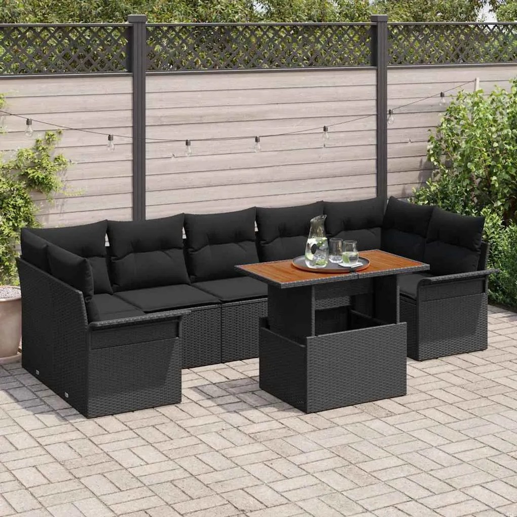vidaXL Conjunto de Sofá de Jardim de 8 Peças com Almofadas Pretas de Rattan Sintético e Acácia