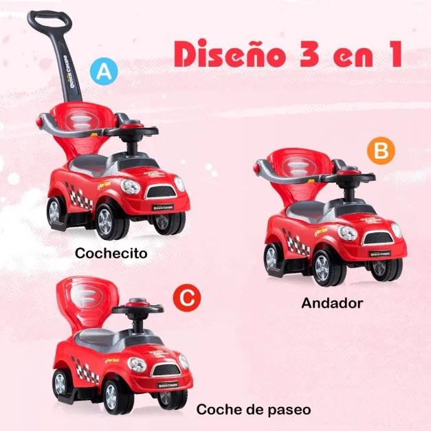 Andarilho 3 em 1 Carro de Empurrar para Crianças de 2 a 6 Anos com Barras de Proteção Removíveis, Alça, Espaço de Armazenamento Oculto e Design Vermel