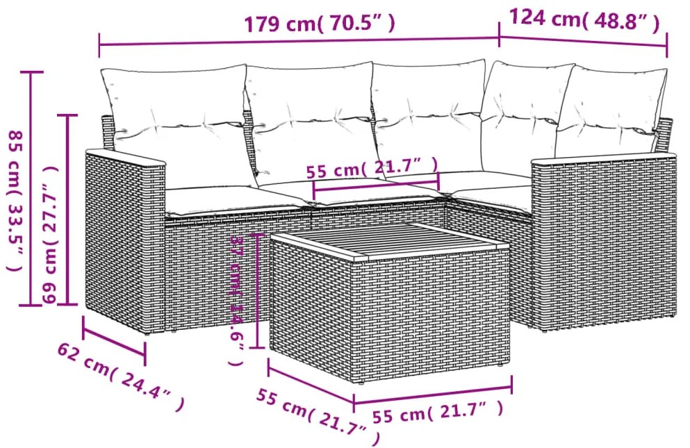 5 pcs conjunto de sofás p/ jardim com almofadões vime PE bege