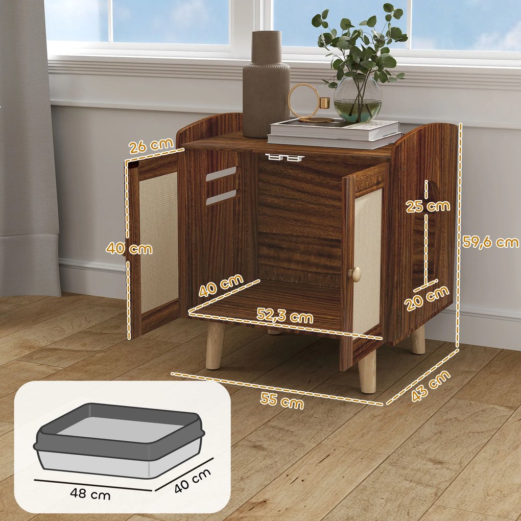 Móvel para Caixa de Areia para Gatos (NÃO INCLUÍDA) com Tapetes de Sisal Pés de Madeira 55x43x59,6 cm Castanho Rústico