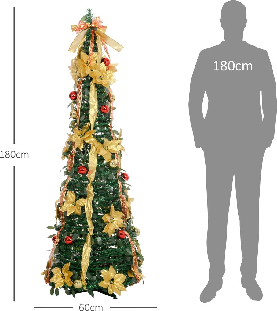 Árvore de Natal Dobrável 180 cm Árvore de Natal Artificial com Luzes LED e Decorações Pré-Instaladas  Ø60x180 cm Verde