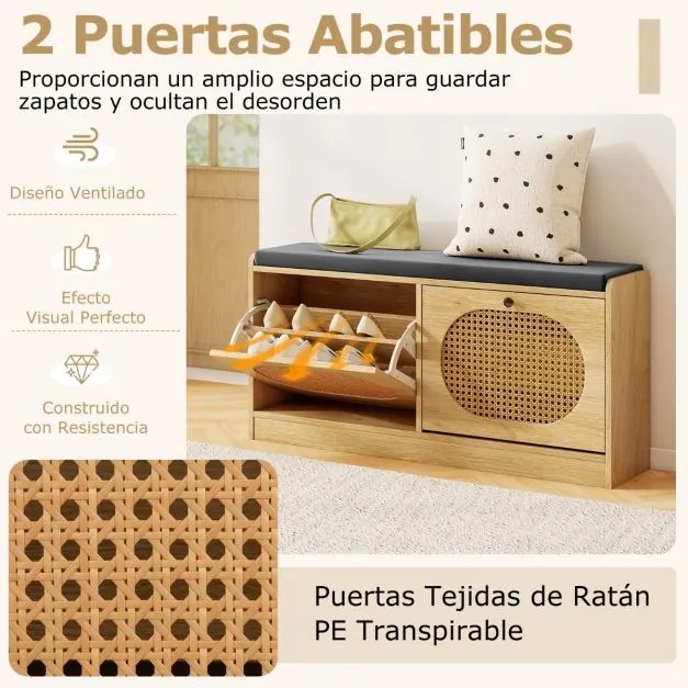 Banco Sapateira 101,5 x 24 x 48 cm de Rattan com 2 Gavetas Rebatíveis e Prateleiras Ajustáveis Almofada de Assento Acolchoada para Corredor Natural