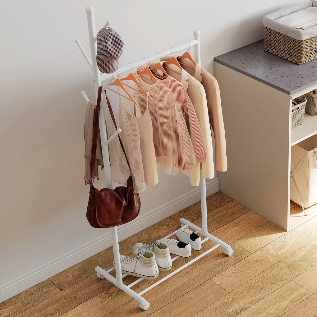 Guarda Roupa com Rodas 5 Ganchos Barra para Pendurar e Prateleira Inferior 68x43x171 cm Branco