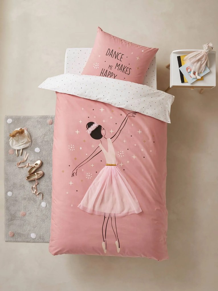 Conjunto capa de edredon + fronha de almofada para criança, tema Entrechat rosa medio liso com motivo