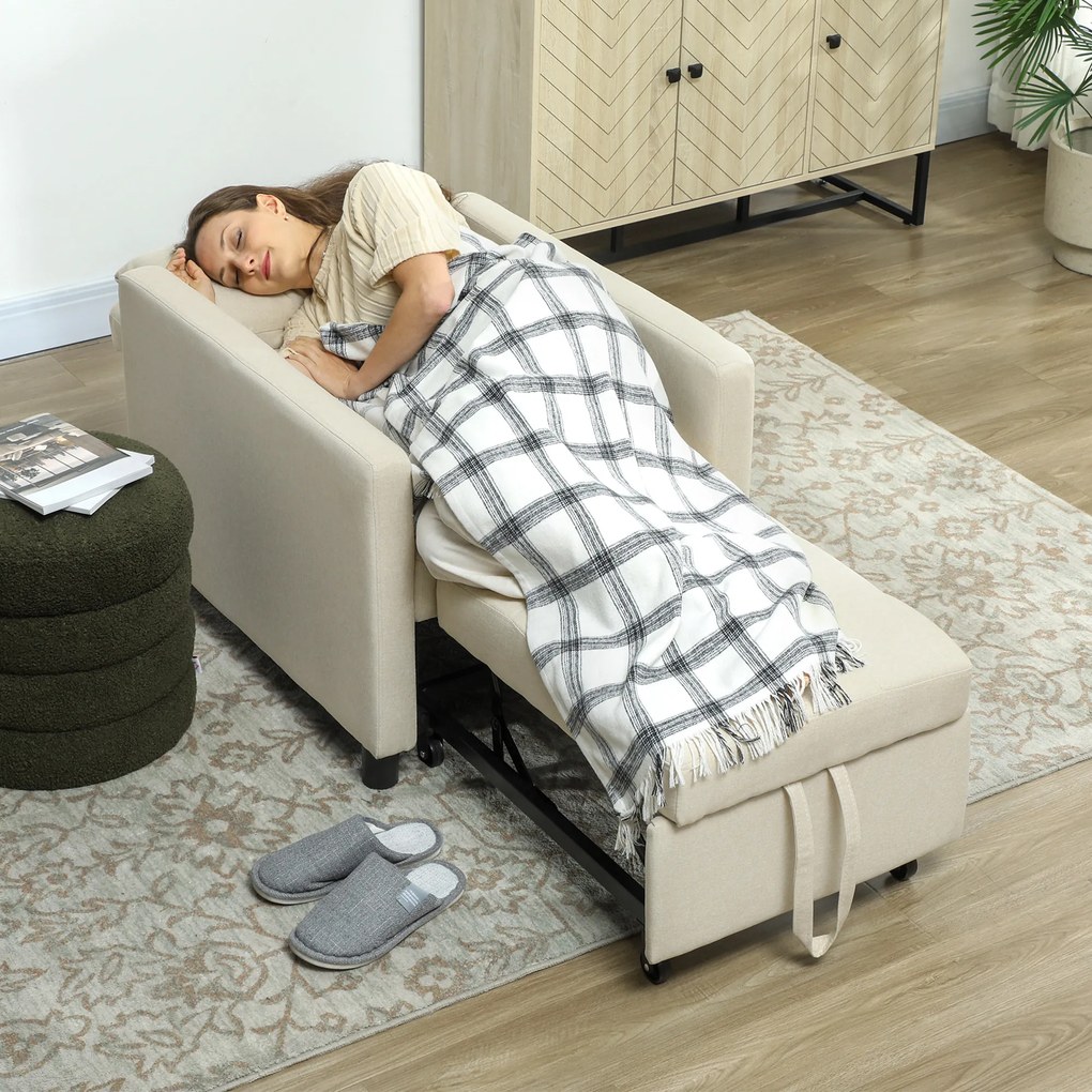 Sofá Cama Individual Poltrona com 4 Rodas Encosto Reclinável Almofada Extra e Assento Acolchoado 69x82,5x84 cm Bege