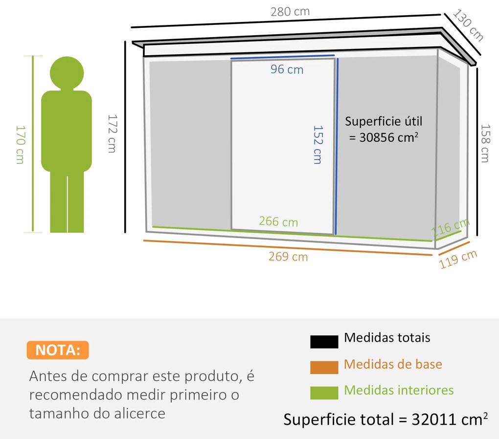 Abrigo de Jardim 280x130x172cm Abrigo de Exterior de Aço Galvanizado com Porta Corredeira e Ventilações para Armazenamento de Ferramentas Cinza Escuro