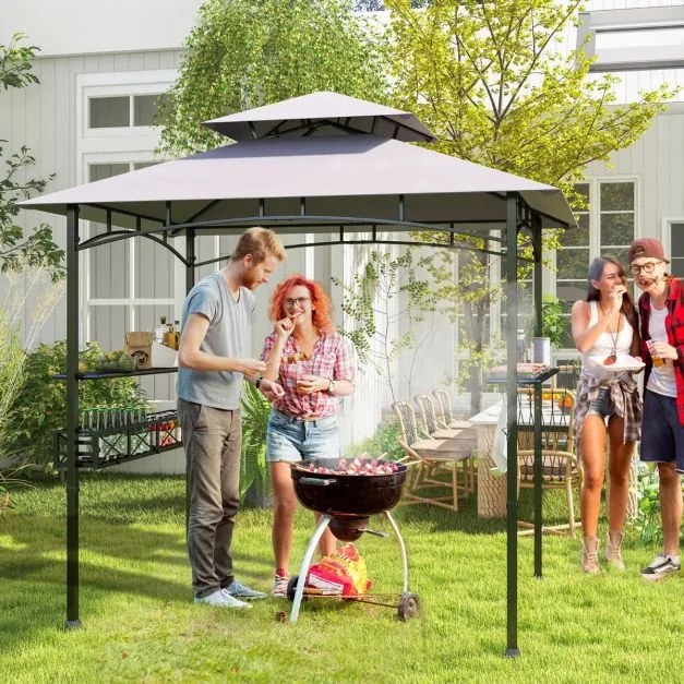 Pergula tenda para churrascos 242 x 153 cm com 2 prateleiras laterais, cesto, ganchos, abridor de garrafas, estrutura de metal para jardim ou pátio Ci