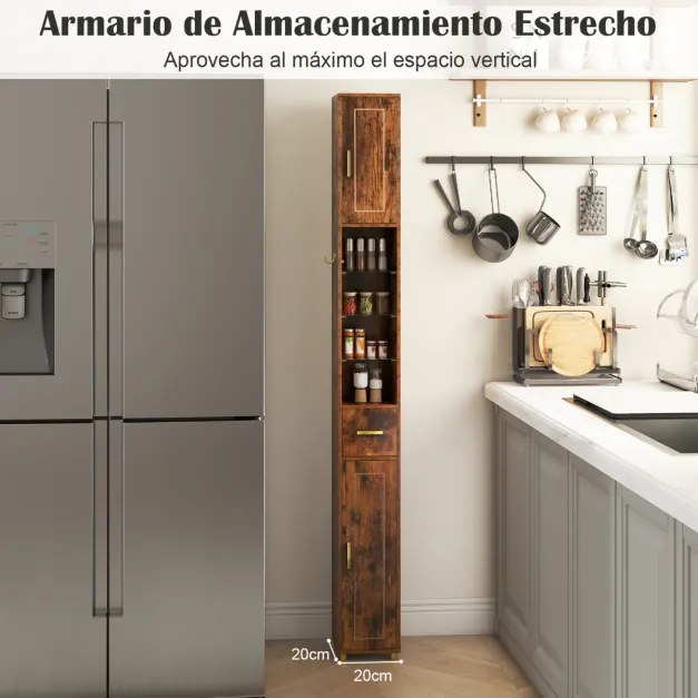 Armário de casa de banho 20 x 20 x 181 cm estreito com Faixa de luzes de 3 cores com 2 portas e prateleiras ajustáveis Café