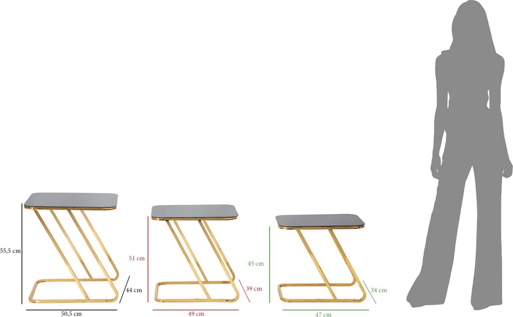 CONJUNTO DE 3 MESAS SIMPLES 44X50,5X55,5-39X49X51-34X47X45 CM DOURADO E PRETO