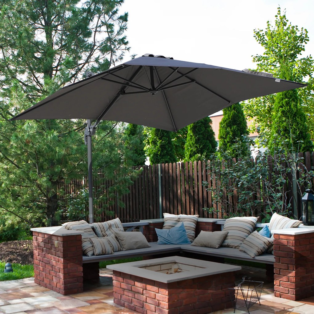 HOMCOM Chapéu de Sol de Jardim 245x245x248cm Chapéu de Sol Excêntrico com Rotação 360° Inclinação de 5 Níveis com Manivela e Ventilação para Pátio Terraço Cinza