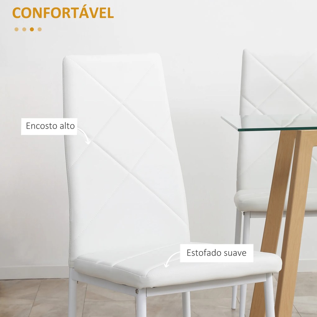 HOMCOM Conjunto de 4 Cadeiras de Sala de Jantar Estofadas em Couro Sintético Cadeiras de Cozinha com Encosto Alto e Pés de Aço Carga Máxima 120kg 41x50x97cm Branco