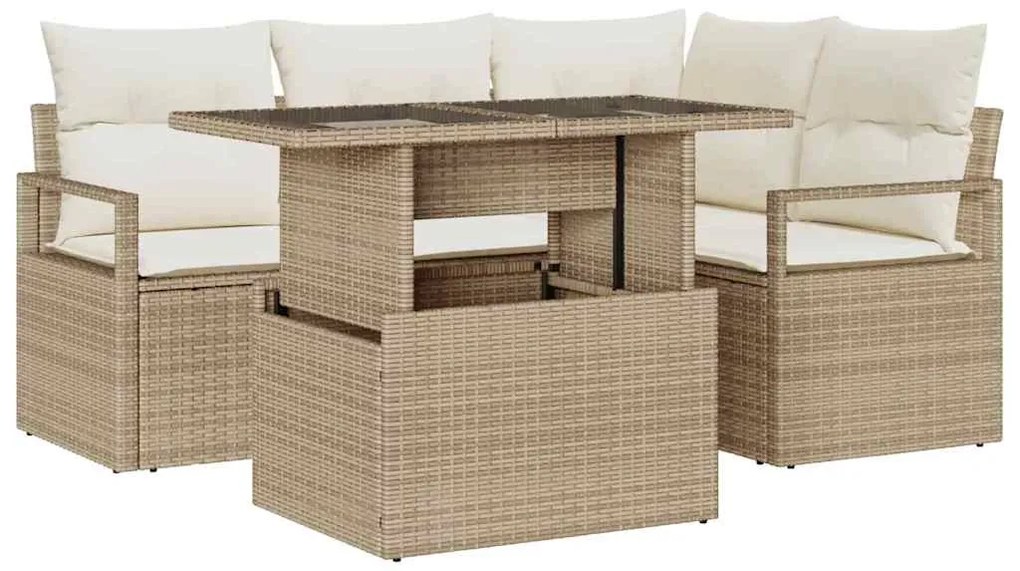 Conjunto de Sofá para Jardim de 5 Peças com Almofadas Bege Vime Sintét
