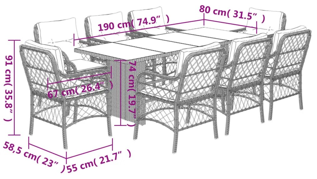 9 pcs conj. jantar jardim c/ almofadões vime PE bege misturado