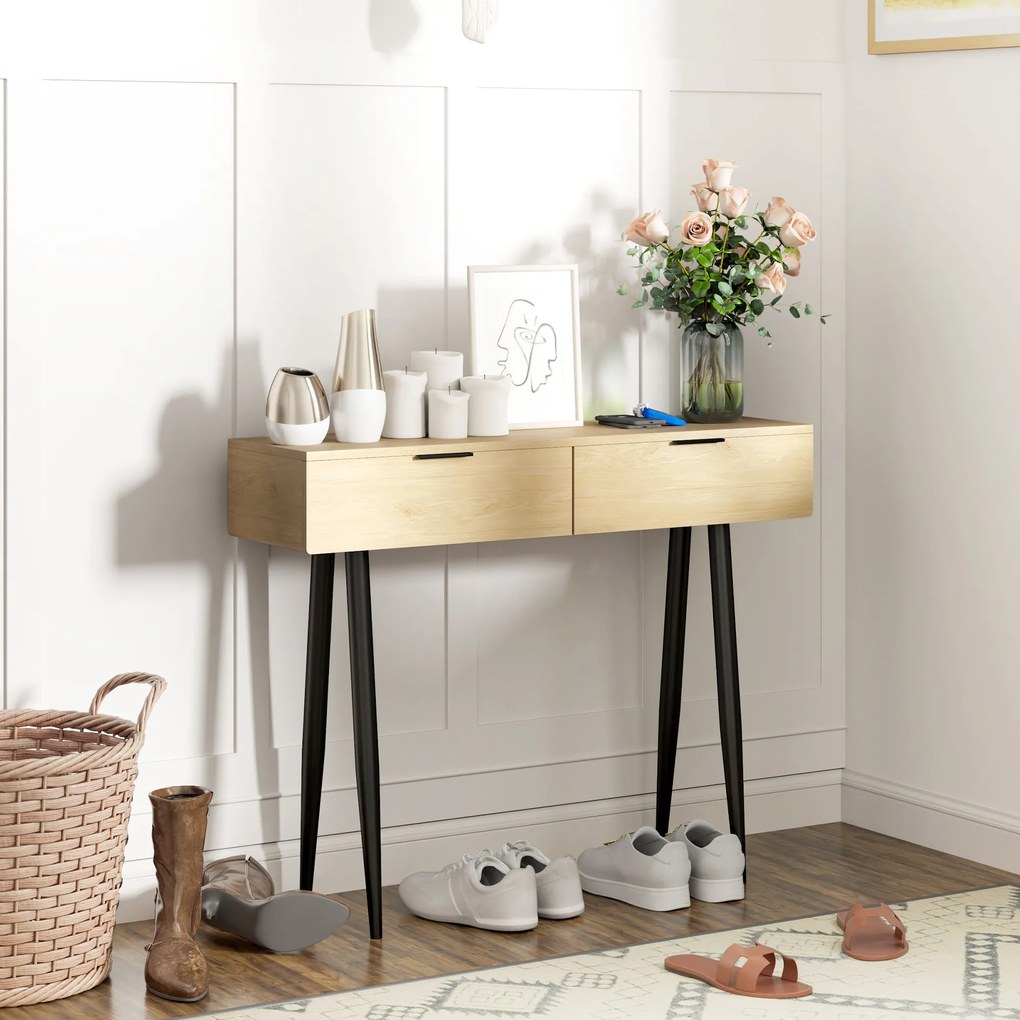 Mesa Consola Móvel para Entrada com 2 Gavetas e Pés de Aço Consola par