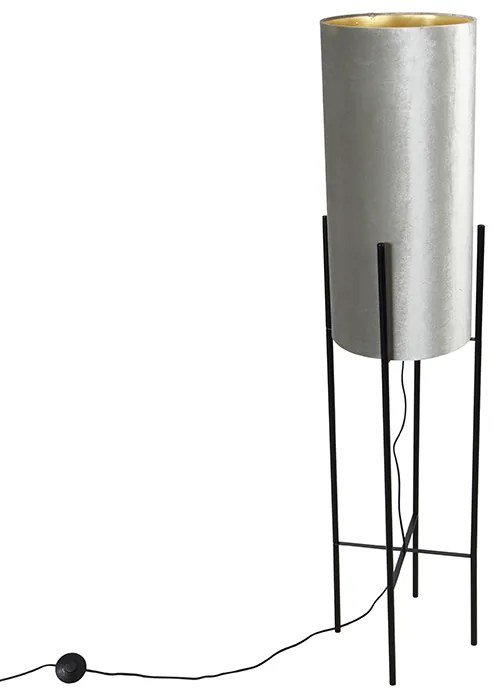 Candeeiro de pé moderno preto com cúpula cinzenta em veludo - Rich Moderno