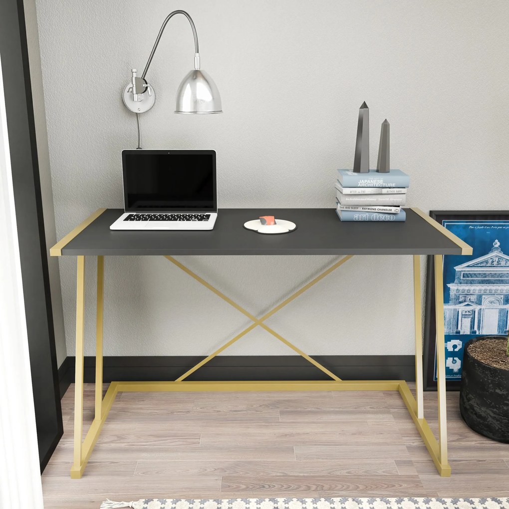 Secretária de Estudo Adelaide - Dourado e Antracite - 114cm x 60cm x 7