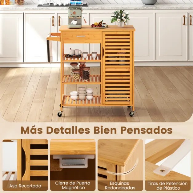 Carrito con Ruedas Carro Aparador de Bambú con Superficie Amplia Cajón 3 Estantes para Cocina y Salón 91 x 44 x 89 cm Natural