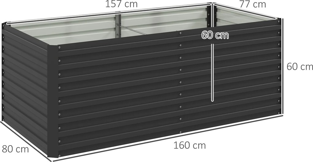 Floreira jardim 160 x 80 x 60 cm elevada galvanizada retangular para exterior - fundo aberto cinzenta