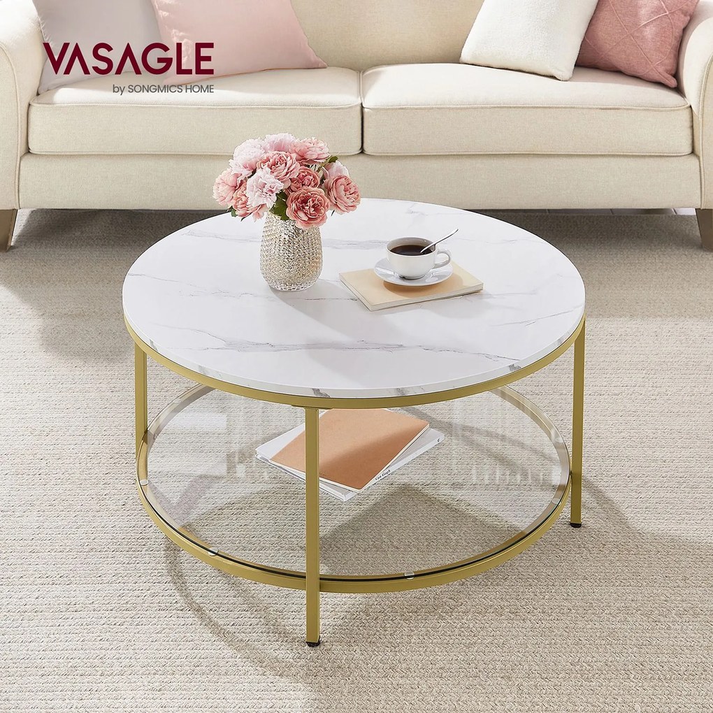 Mesa de centro com tampo de vidro moderna 80 x 46 cm (Ø x H) imitação mármore Branco + dourado claro