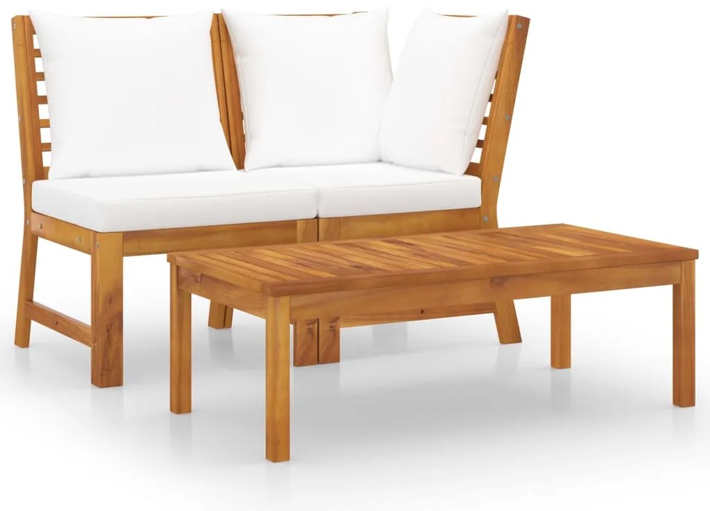 3 pcs conjunto lounge jardim c/ almofadões cor creme acácia