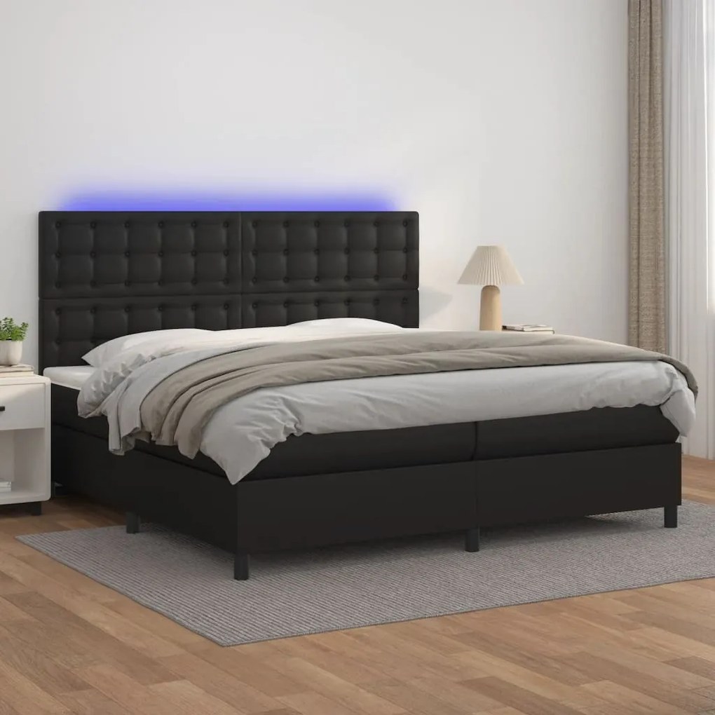 Cama box spring c/ colchão/LED 200x200cm couro artificial preto