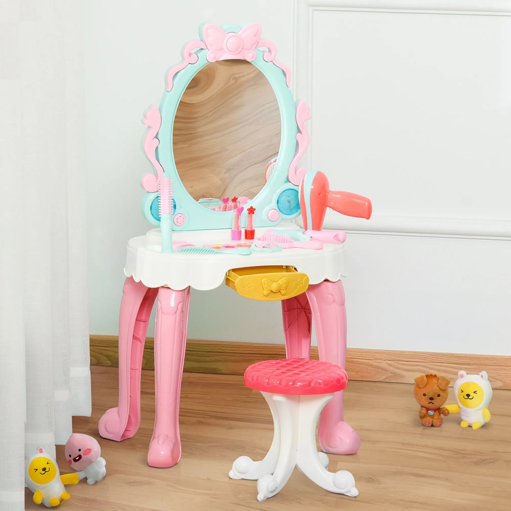 HOMCOM Toucador Infantil para Crianças acima de 3 Anos com Banco Espelho com Luz e Música com 20 Acessórios Centro de Beleza Infantil 41x27x82cm Multicolor