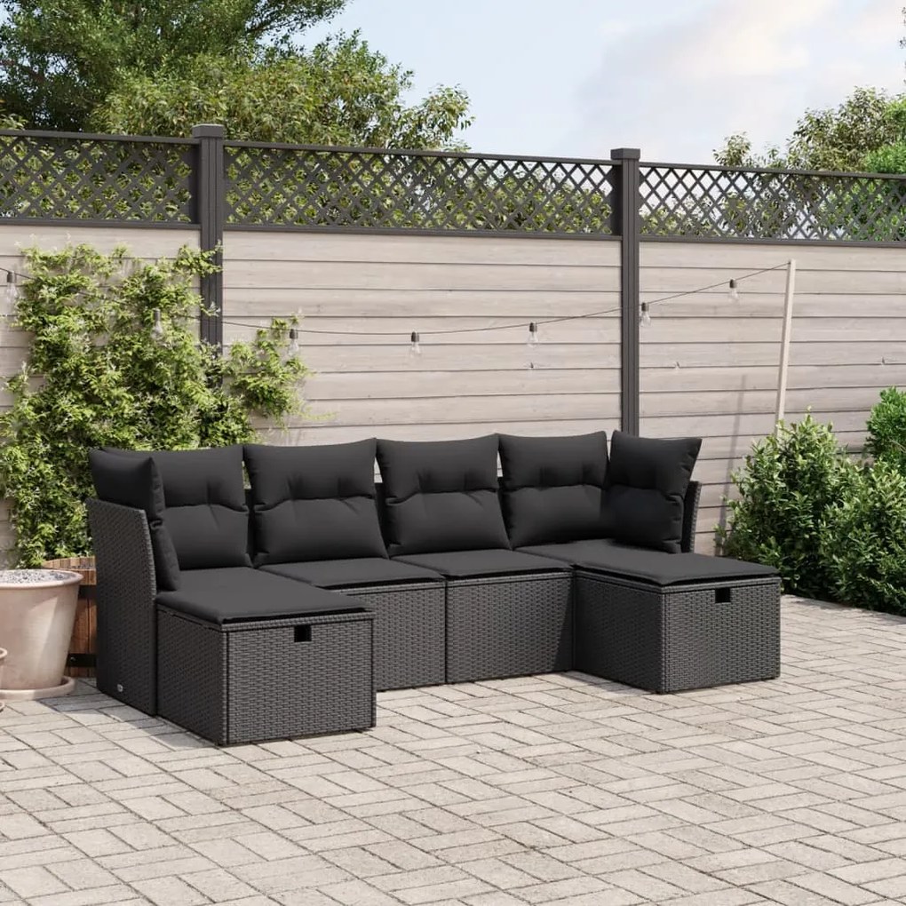 vidaXL 6 pcs conjunto sofás de jardim c/ almofadões vime PE preto