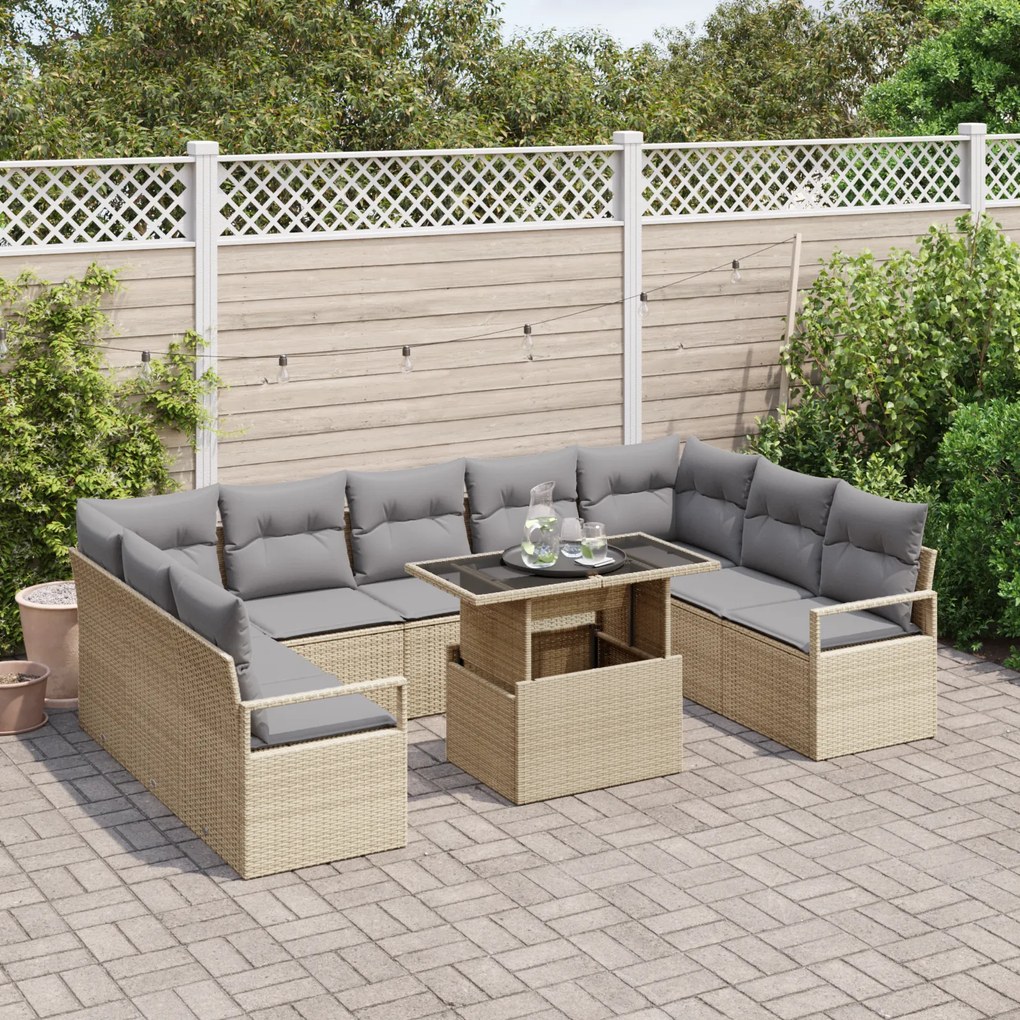 Conjunto de Sofás de Jardim vidaXL de 10 Peças com Almofadas Bege Ratt