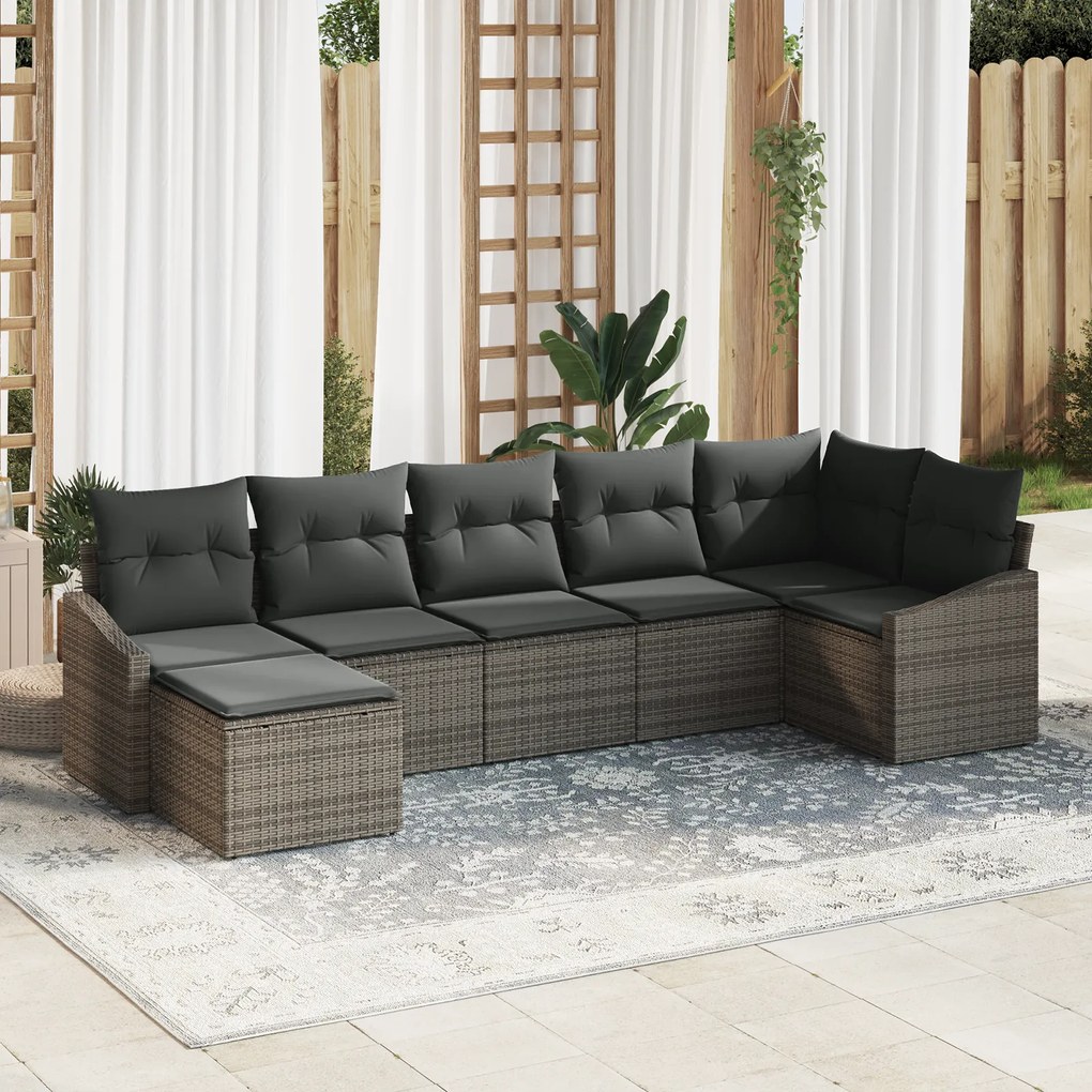 Conjunto de Jantar Jardim 7 Peças com Almofadas Cinza Poli Rattan