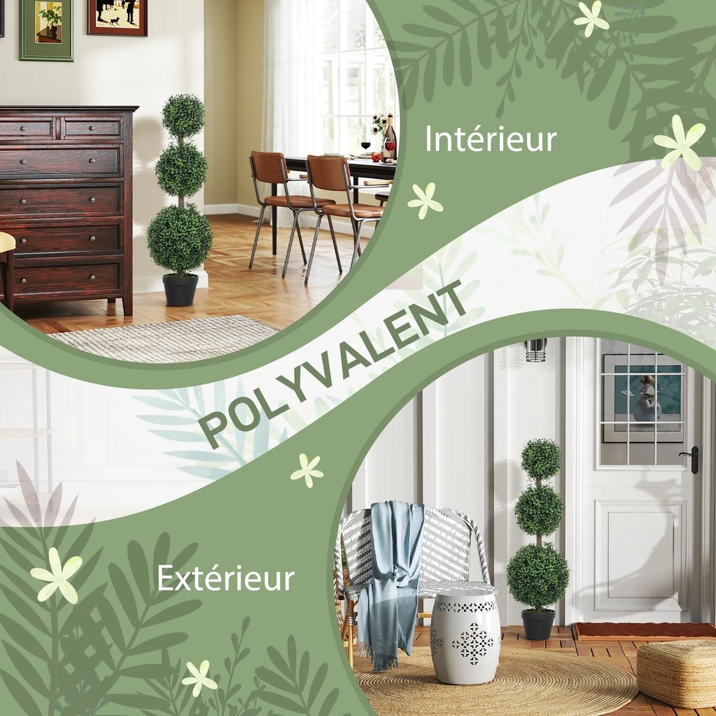 Conjunto de 2 árvores artificiais de 101,6 cm com 3 bolas de buxo topiárias, planta artificial verde em PE, com vaso interior e exterior